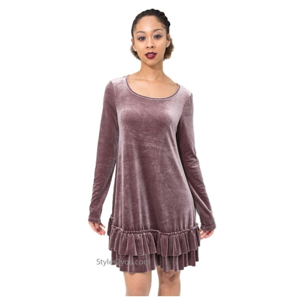 Easel Clothing Arie Long Sleeve Velvet Shirt Dress in Mauve Gray NWT